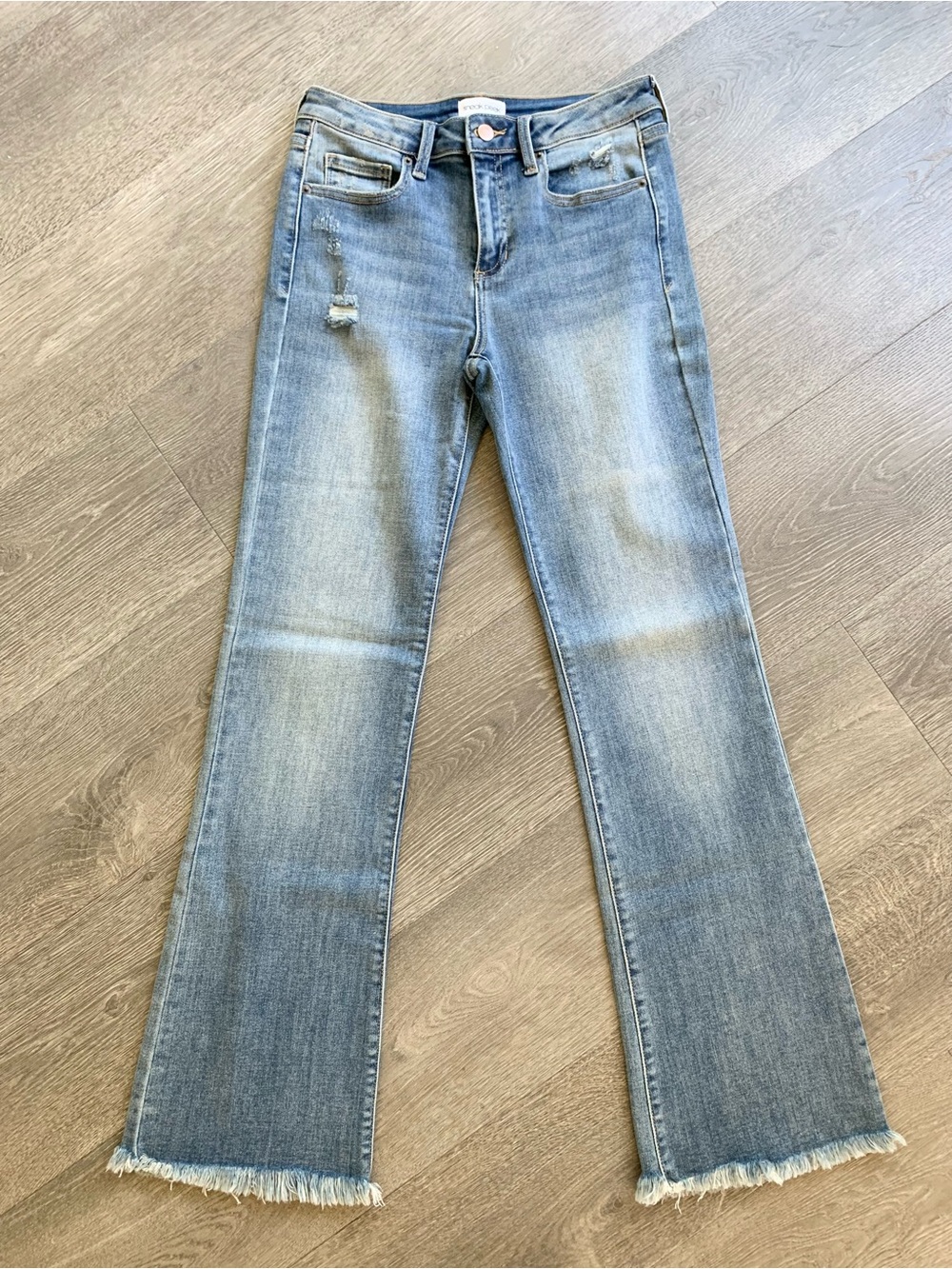 Sneak Peek High Rise Flare Jeans with Frayed Hem